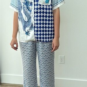 Blue and White Satin Pajamas